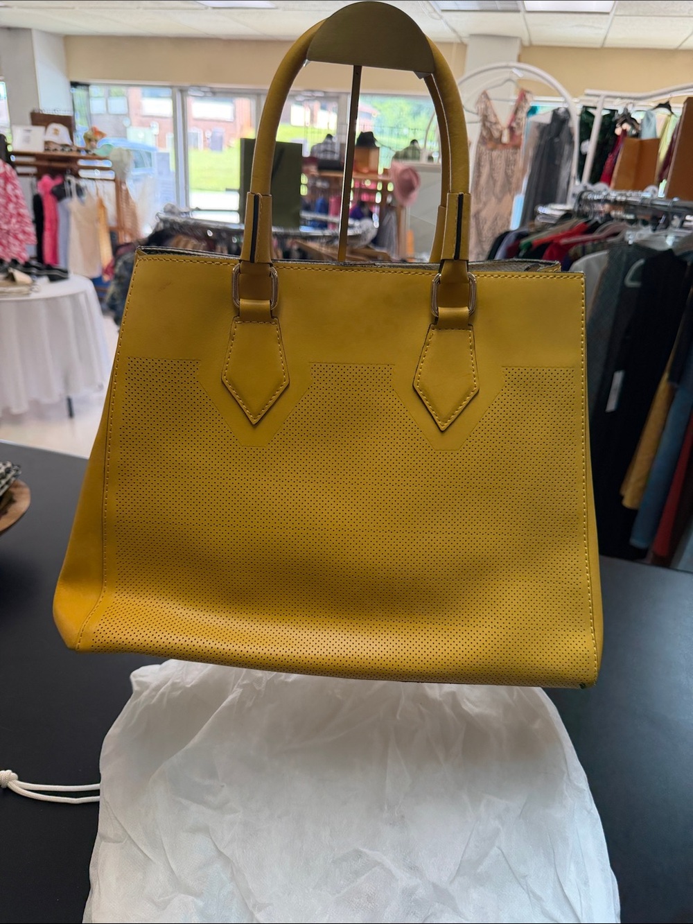 Perforated Yellow Tote Handbag with Top Handles